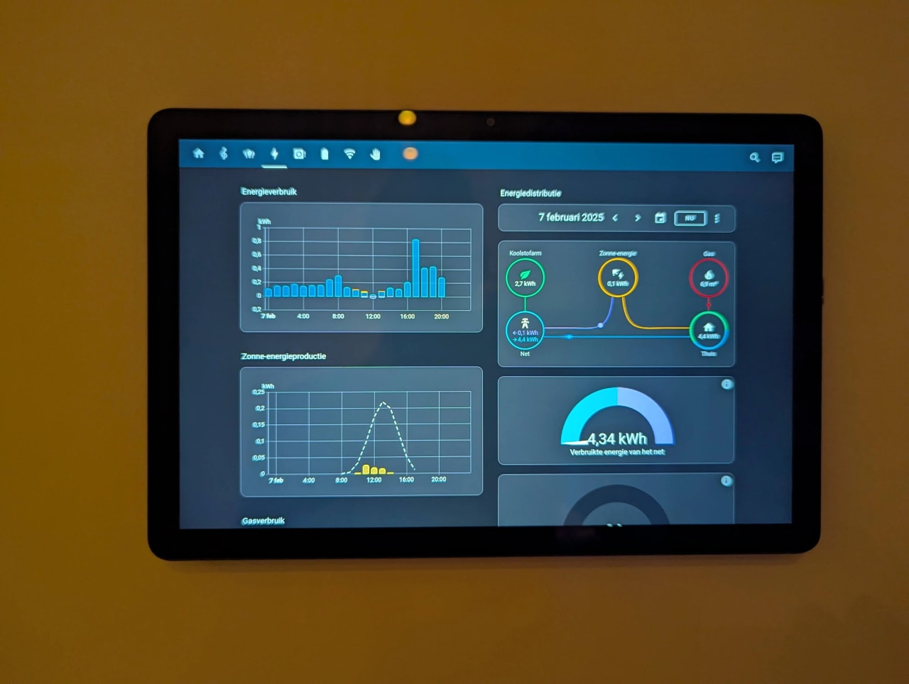 Tablet de parede exibindo dashboard de energia do Home Assistant com gráficos de consumo e geração solar