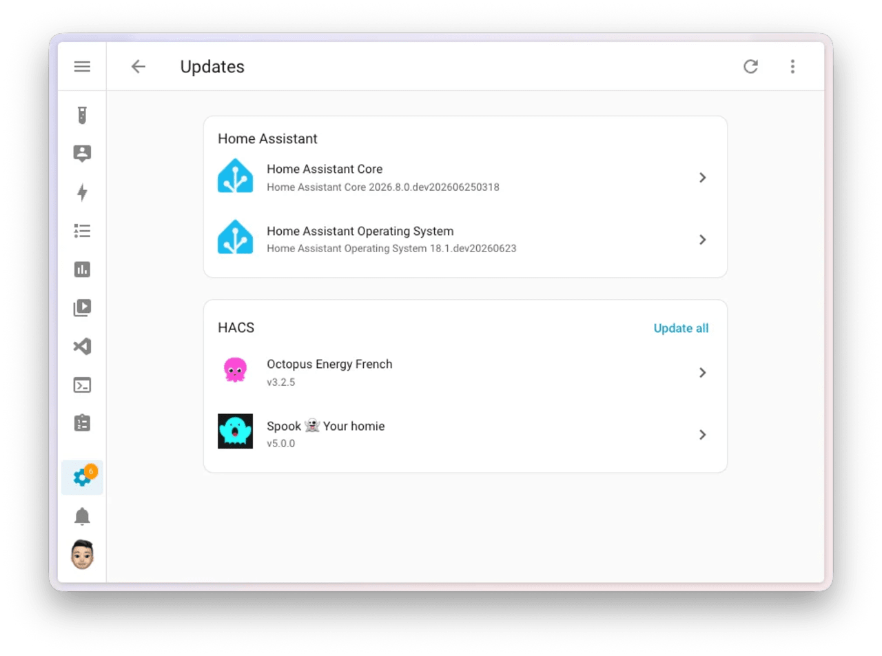 Tela do Home Assistant 2026.7 mostrando atualizações agrupadas por tipo.