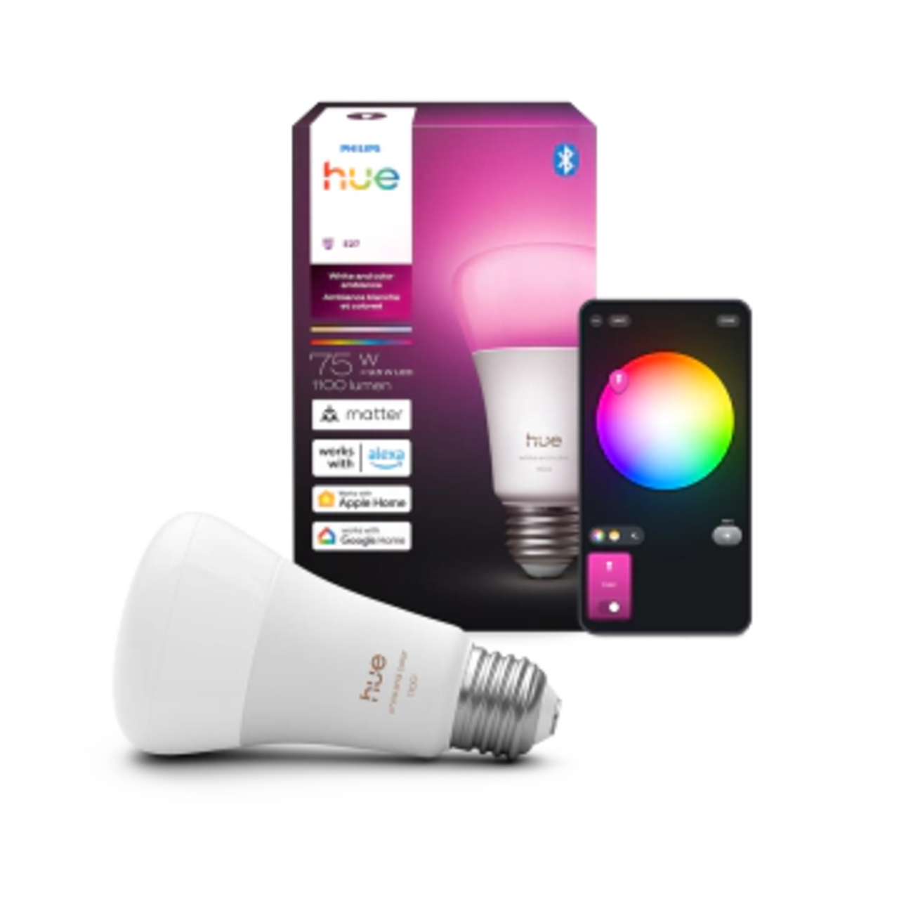 Lâmpada Philips Hue com embalagem Matter e aplicativo de controle de cor em celular.