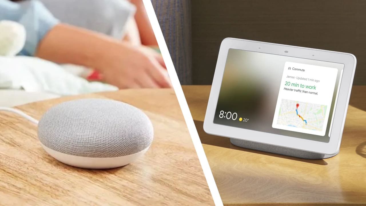 Google Home Mini de primeira geração e Nest Hub sobre mesas
