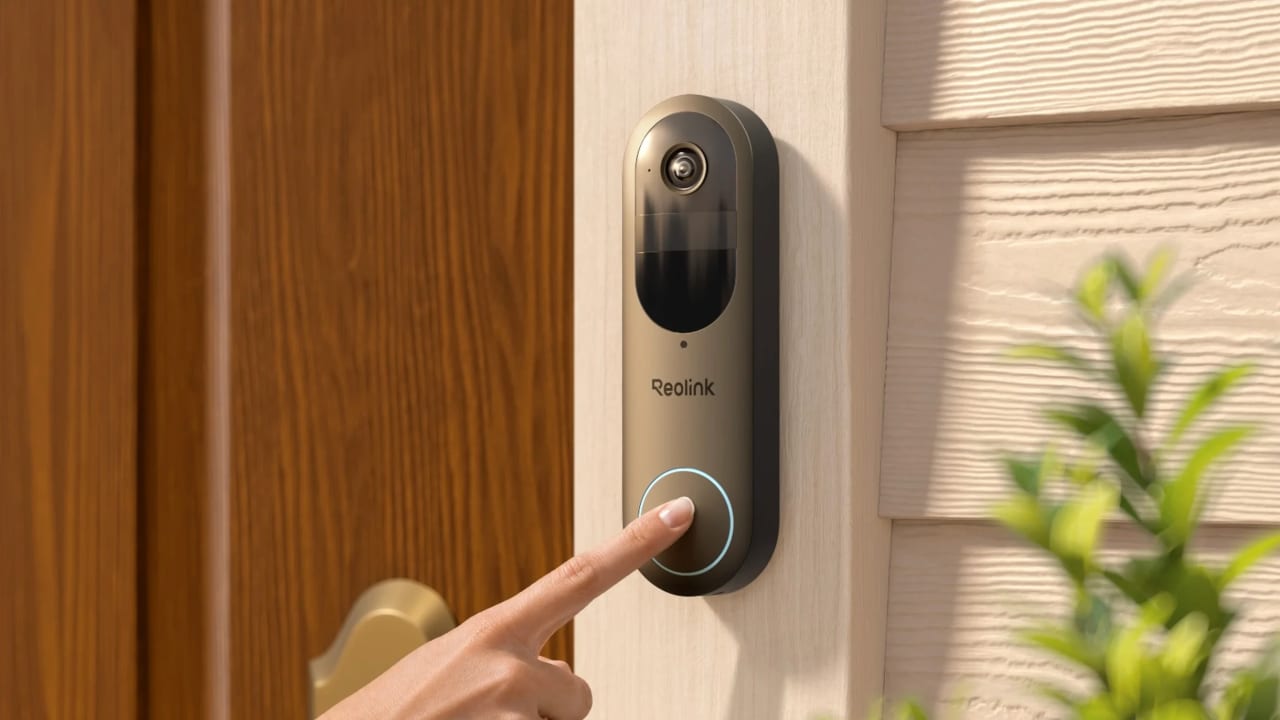 Reolink Video Doorbell de segunda geração instalado ao lado de uma porta