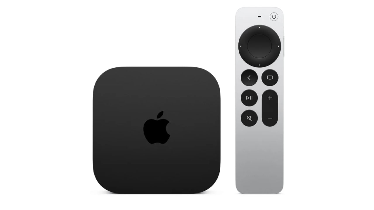 Apple TV 4K preta com controle remoto Siri Remote ao lado, imagem anterior ao lançamento