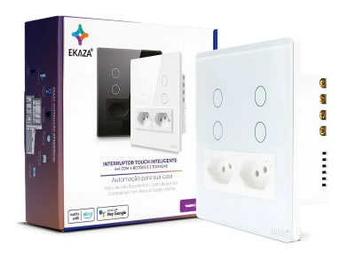 Interruptor Inteligente EKAZA Touch 2.5D 4x4 4 Botões + 2 Tomadas Wi‑Fi Branco