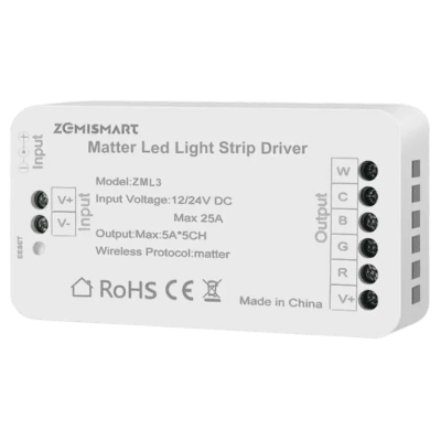 Zemismart ZML3 Controlador LED Matter over Wi‑Fi RGBCW/CCT 12–24V 5 Canais