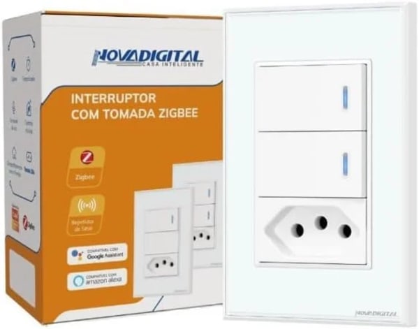 Interruptor Inteligente Zigbee Tecla Física Branco 2 Botões + 1 Tomada