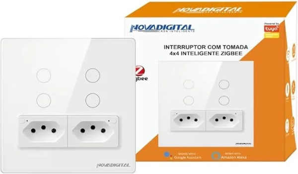 Interruptor Touch Zigbee Branco 4 Botões + 2 Tomadas