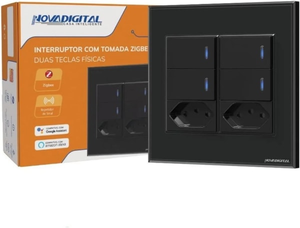 Interruptor Inteligente Zigbee Tecla Física Preto 4 Botões + 2 Tomadas