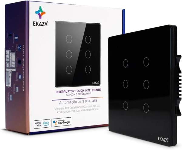 Interruptor Inteligente Ekaza Touch 2.5D 4x4 Wi-Fi + BLE 6 Teclas Preto