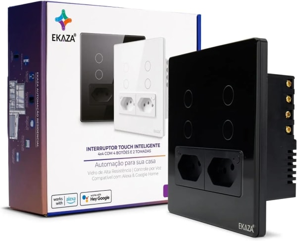 Interruptor Inteligente EKAZA Touch 2.5D 4x4 4 Botões + 2 Tomadas Wi‑Fi Preto