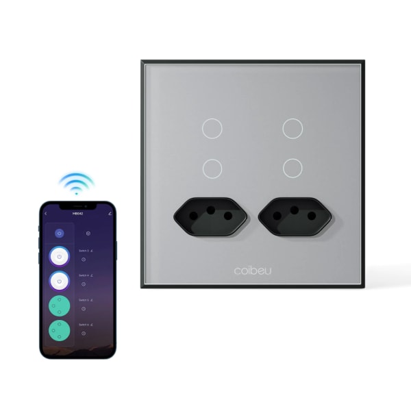 Interruptor Inteligente Wi‑Fi Coibeu 4 Botões com 2 Tomadas Integradas