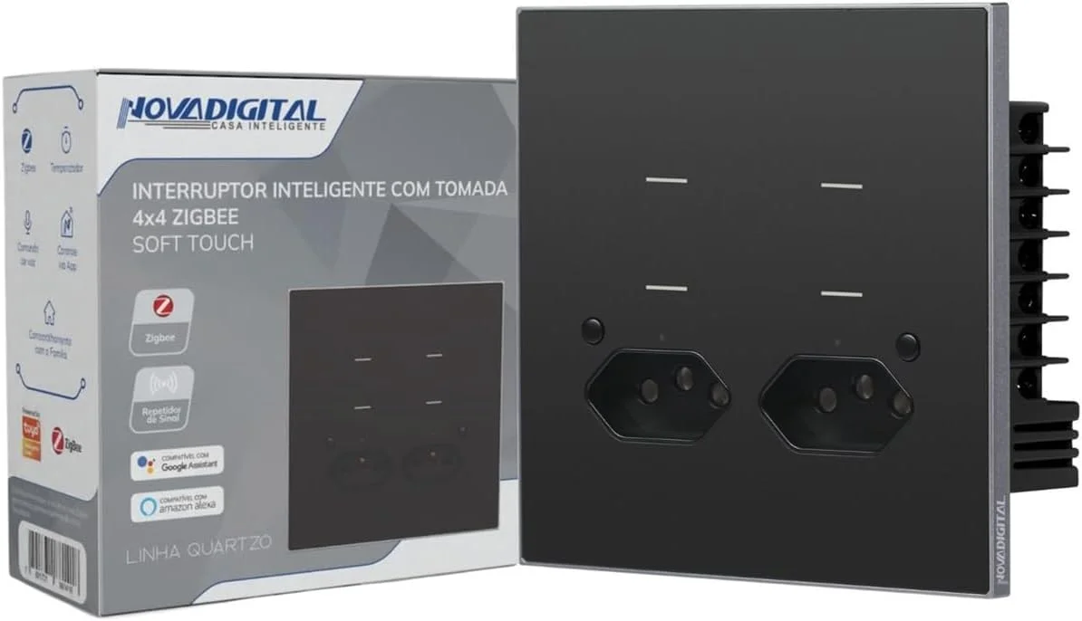 Interruptor Inteligente Zigbee Quartzo Soft Touch 4 Botões + 2 Tomadas 10A Preto