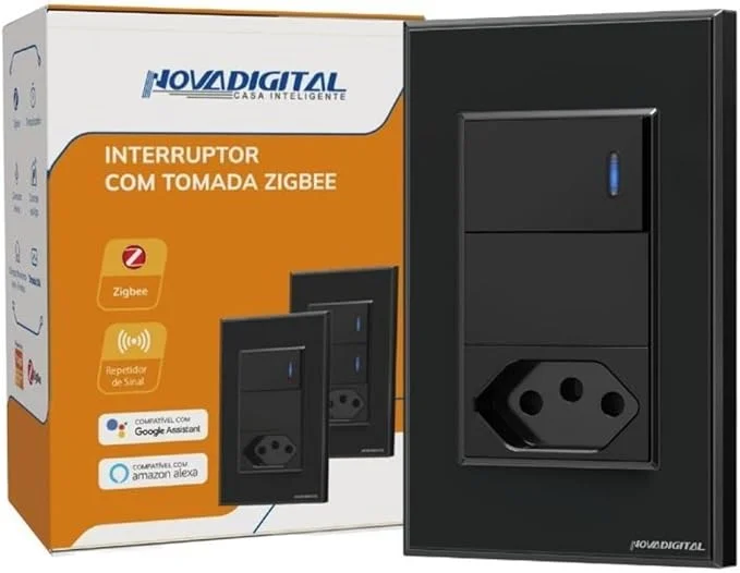 Interruptor Inteligente Zigbee Tecla Física Preto 1 Botão + 1 Tomada