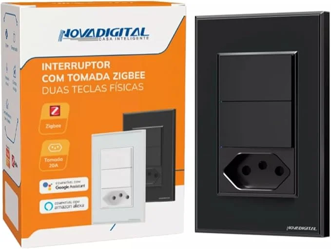 Interruptor Inteligente Zigbee Tecla Física Preto 2 Botões + 1 Tomada