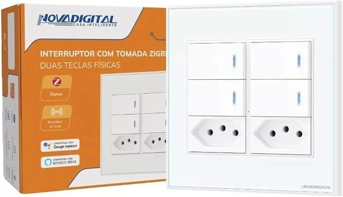 Interruptor Inteligente Zigbee Tecla Física Branco 4 Botões + 2 Tomadas
