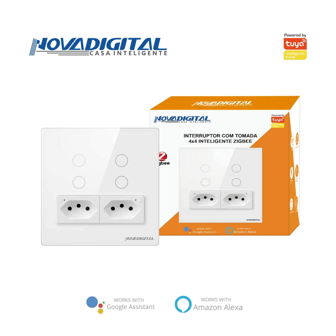 Interruptor Touch Alto Relevo Zigbee Branco 4 Botões + 2 Tomadas 4x4