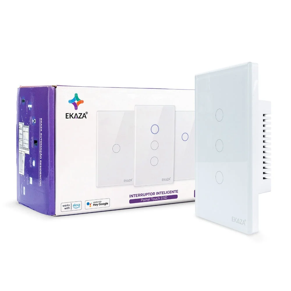 Interruptor Inteligente Ekaza Touch 2.5D 4x2 Wi-Fi + BLE 3 Teclas Branco