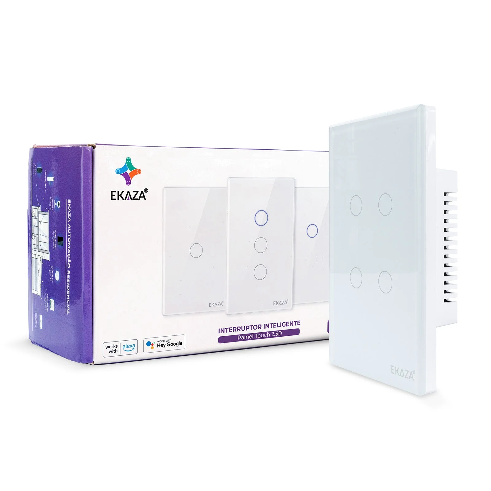 Interruptor Inteligente Ekaza Touch 2.5D 4x2 Wi-Fi + BLE 4 Teclas Branco