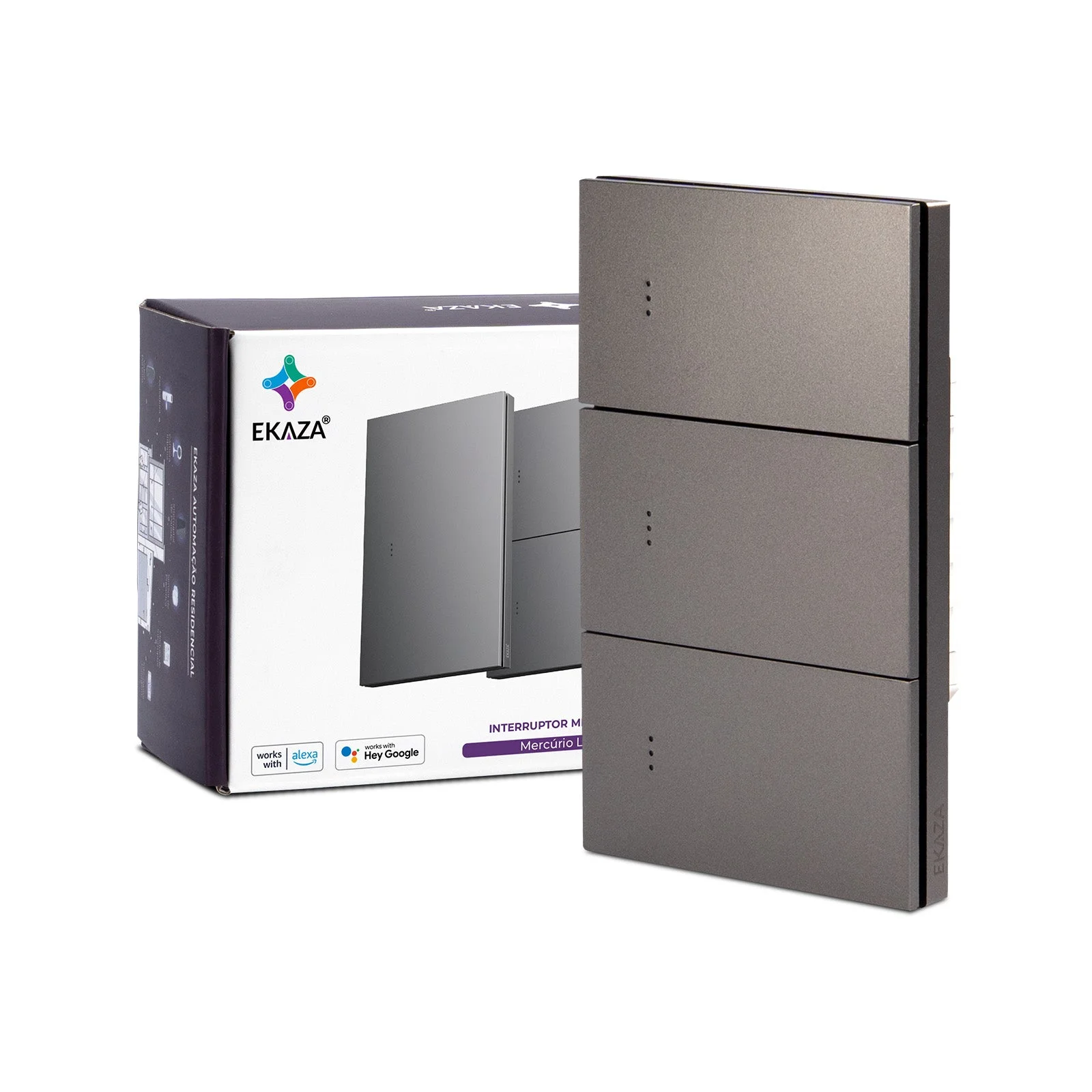 Interruptor Inteligente EKAZA Mercúrio Lite 3 Teclas Cinza Zigbee 3.0
