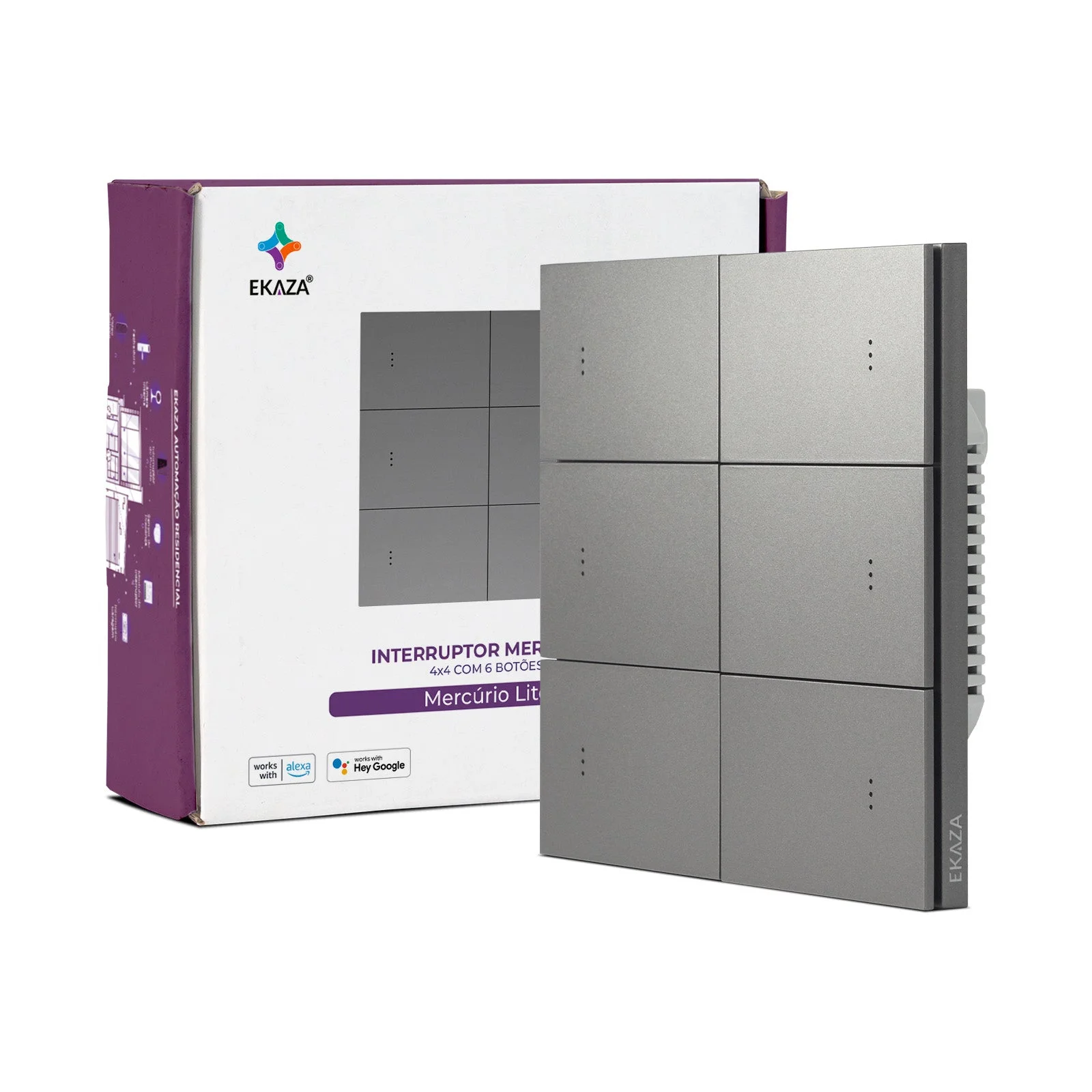 Interruptor Inteligente EKAZA Mercúrio Lite 4x4 6 Botões Cinza Zigbee 3.0