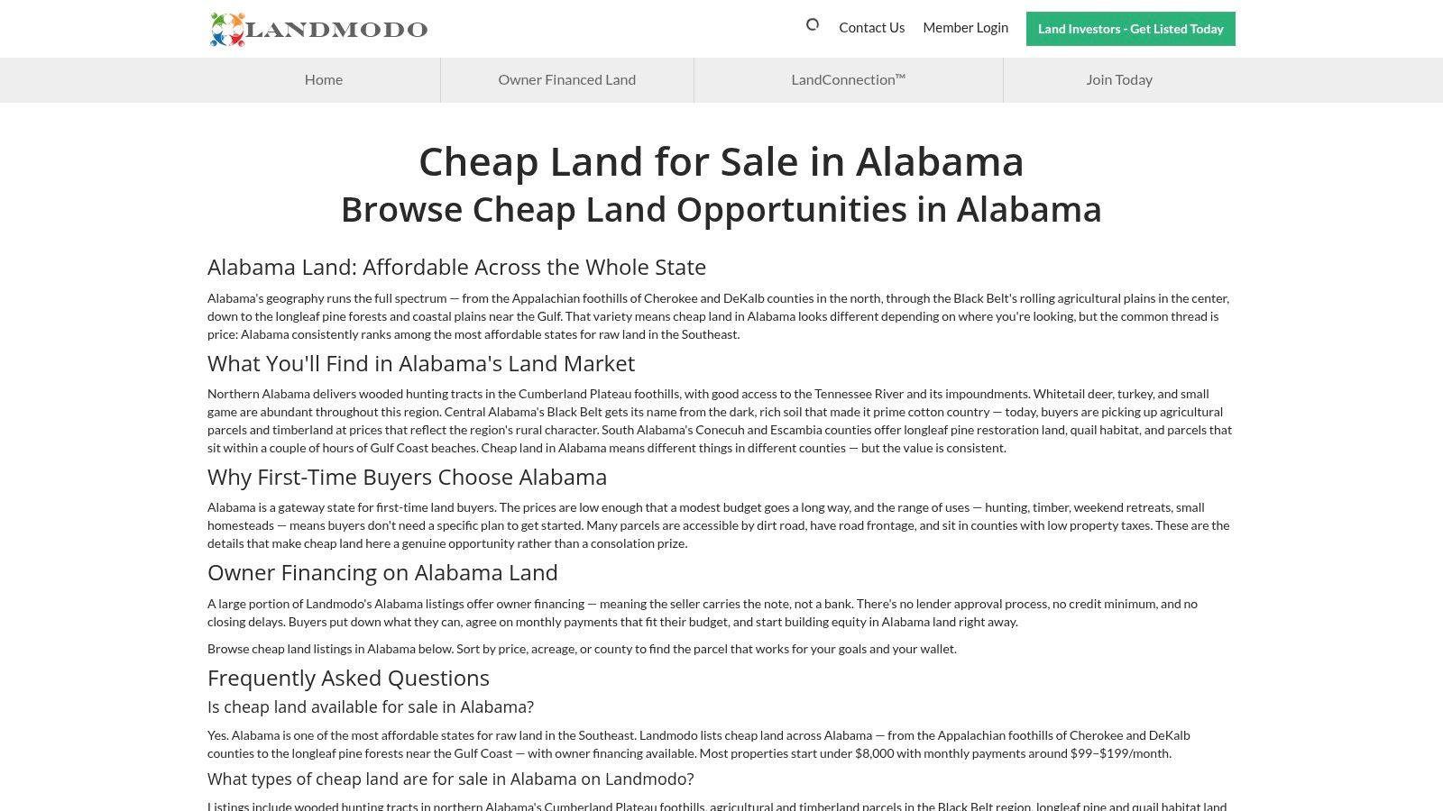 Landmodo (Alabama “Cheap Land” and owner‑financed)