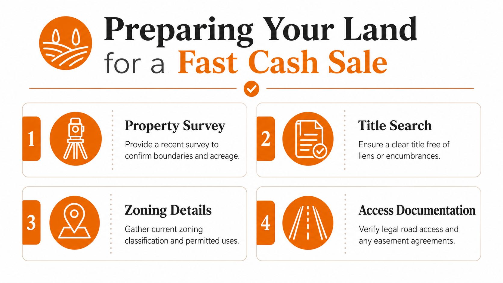 An infographic titled Preparing Your Land for a Fast Cash Sale, listing four essential steps for landowners.