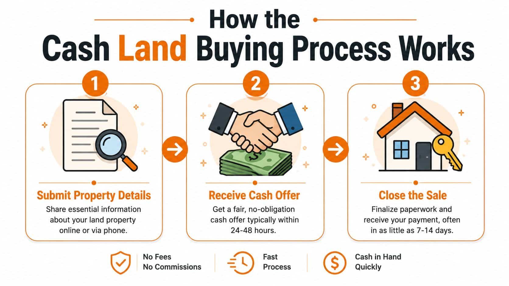 A simple three-step infographic showing the streamlined process of selling land for cash to a buyer.