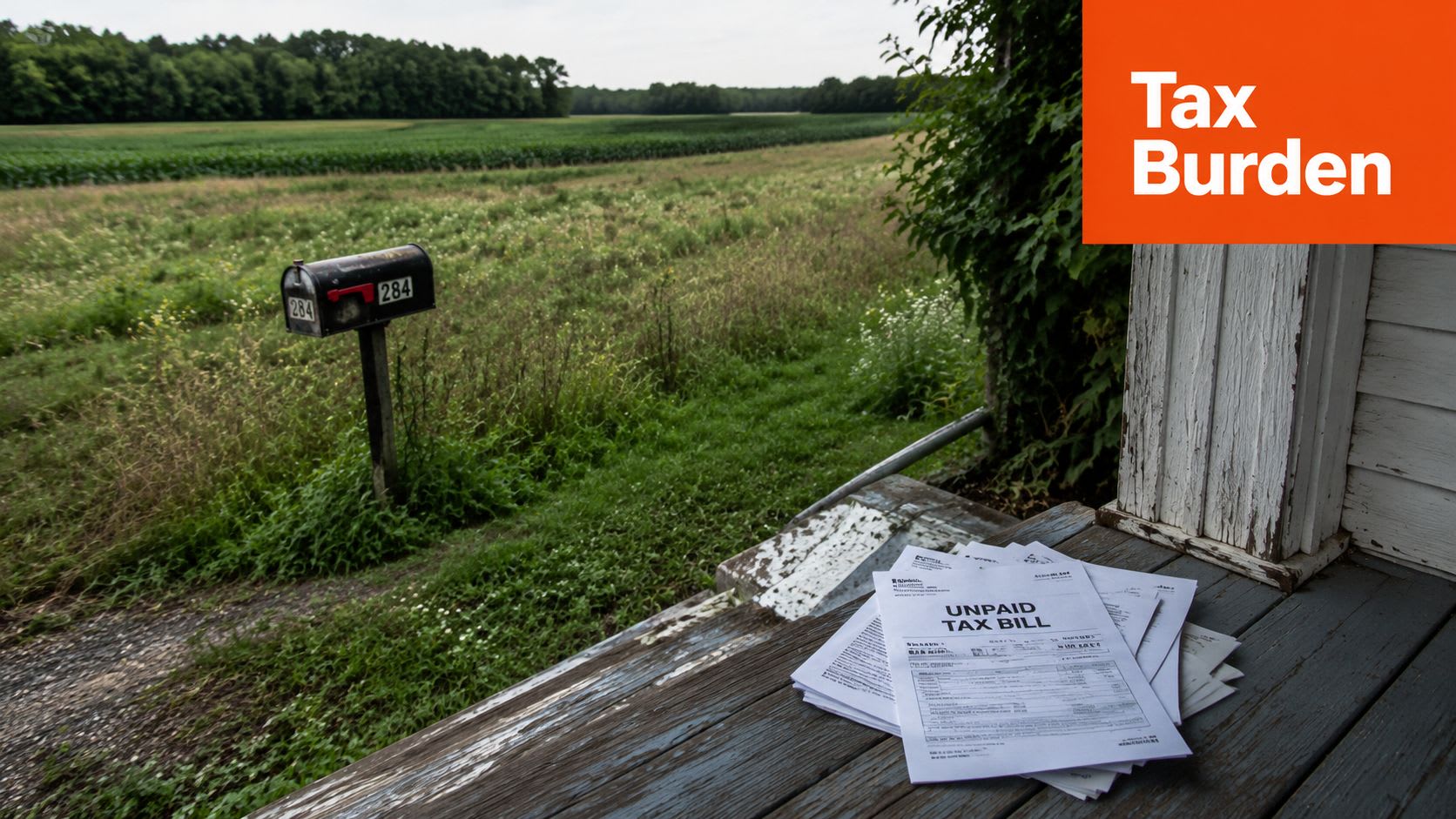 A stack of unpaid tax bills sitting on a weathered wooden porch in front of farmland.