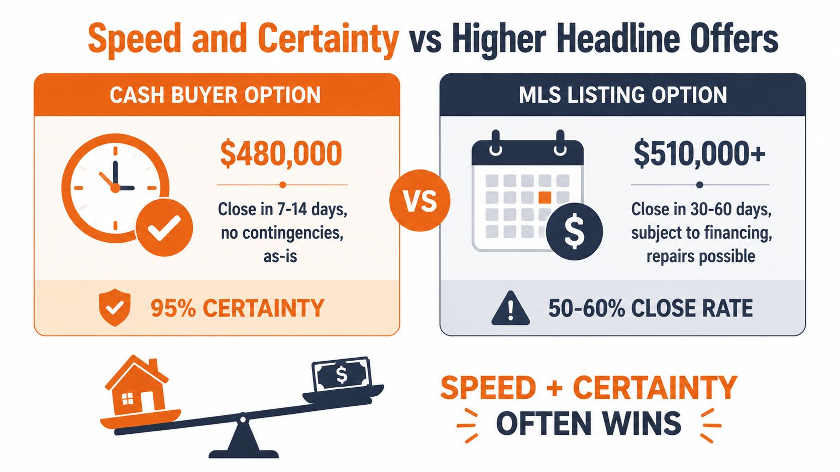 A comparison chart showing the differences between a cash buyer option and an MLS listing option for real estate.