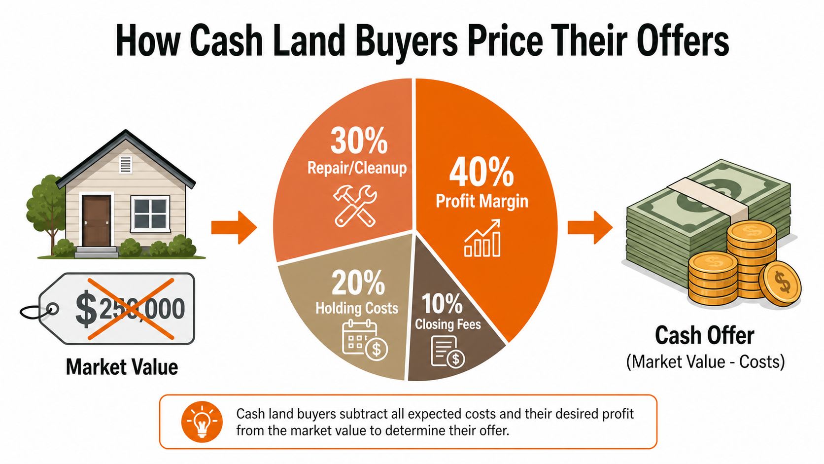 A pie chart infographic explaining how cash land buyers calculate offers by subtracting costs from market value.