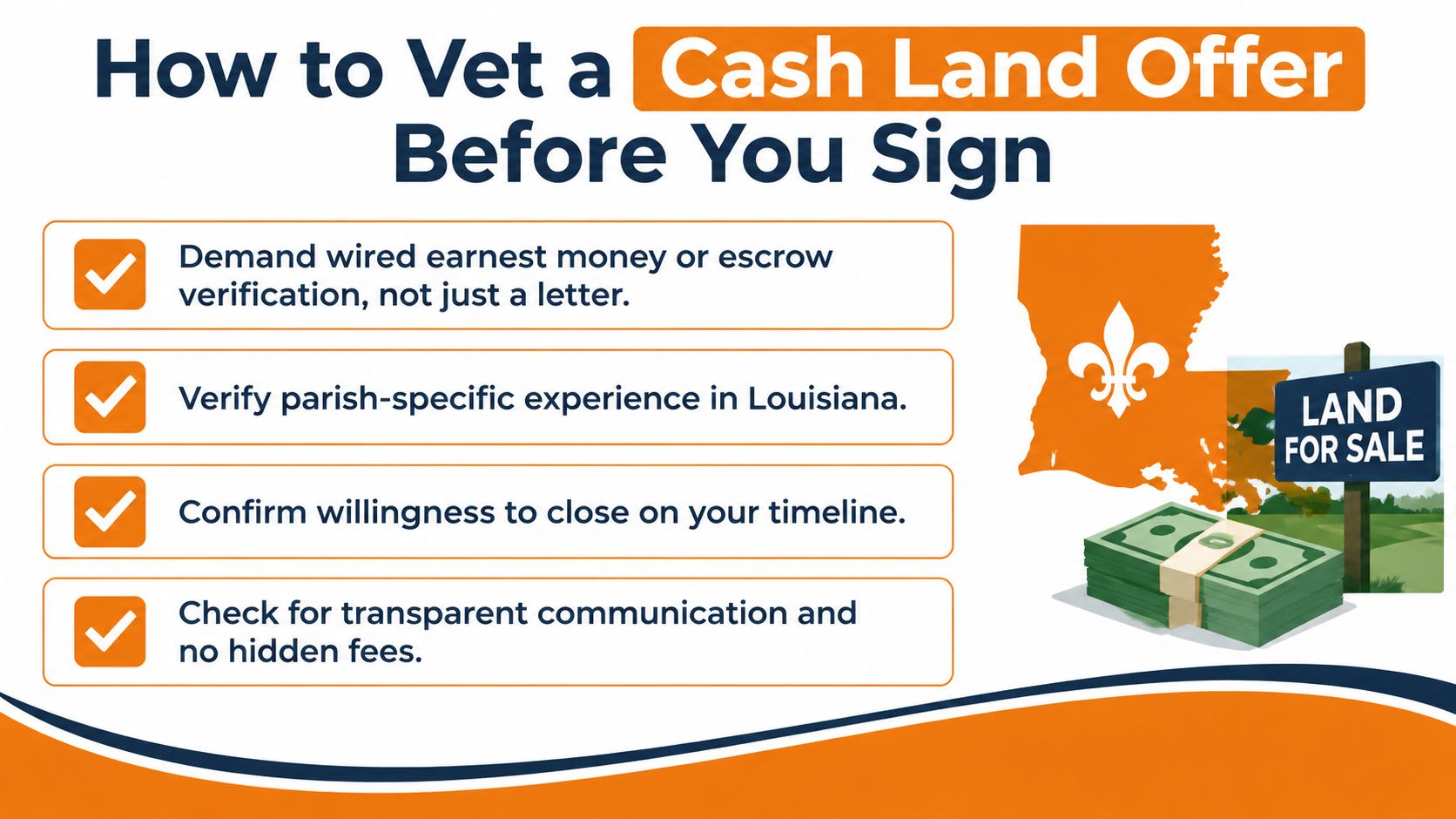 An infographic titled How to Vet a Cash Land Offer Before You Sign with four tips.