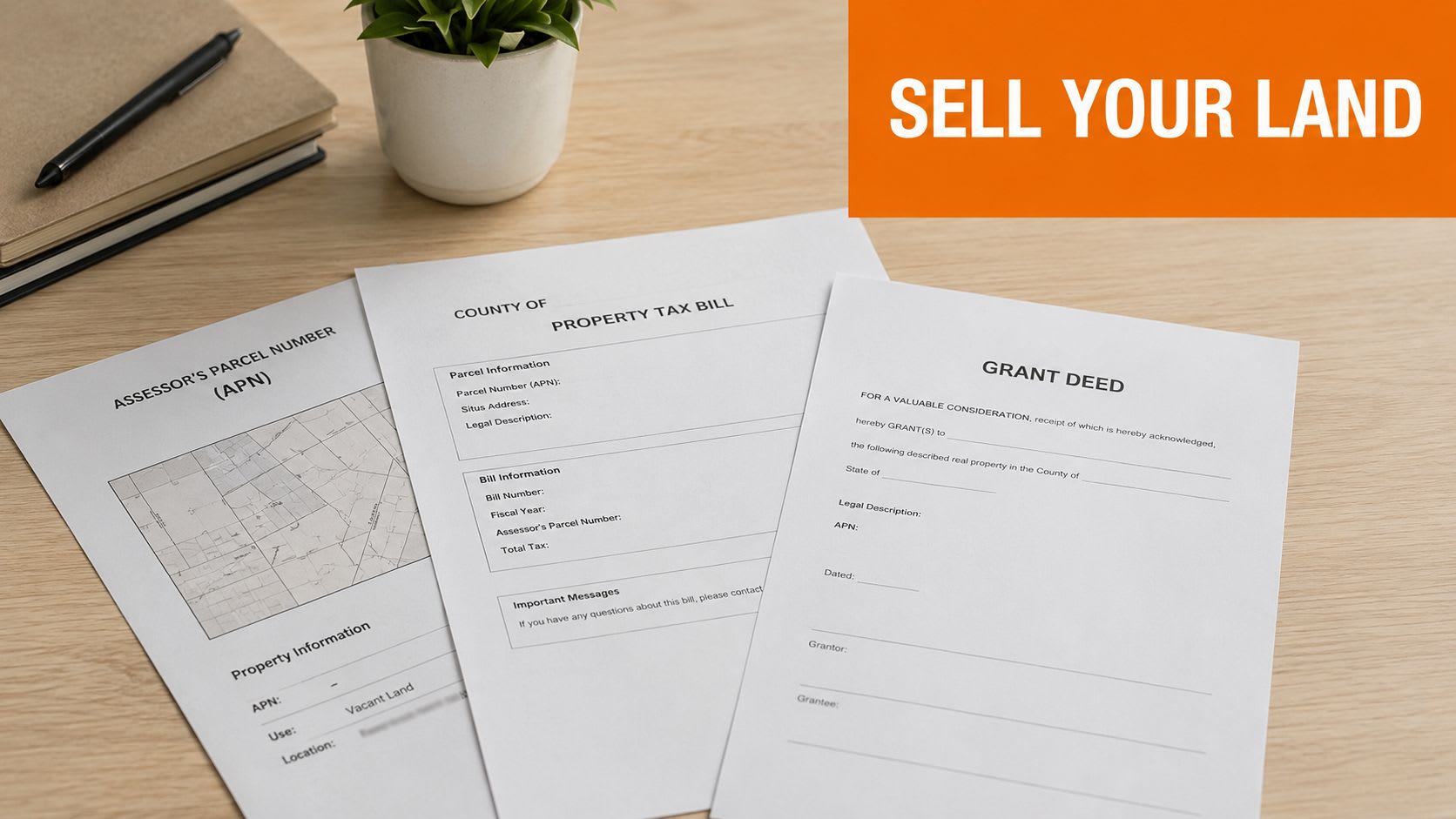 Legal property documents including tax bills and a grant deed laying on a wooden desk.