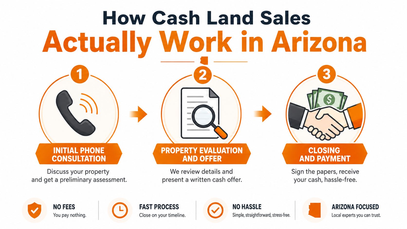 A three-step infographic explaining how the cash land sale process works for property owners in Arizona.