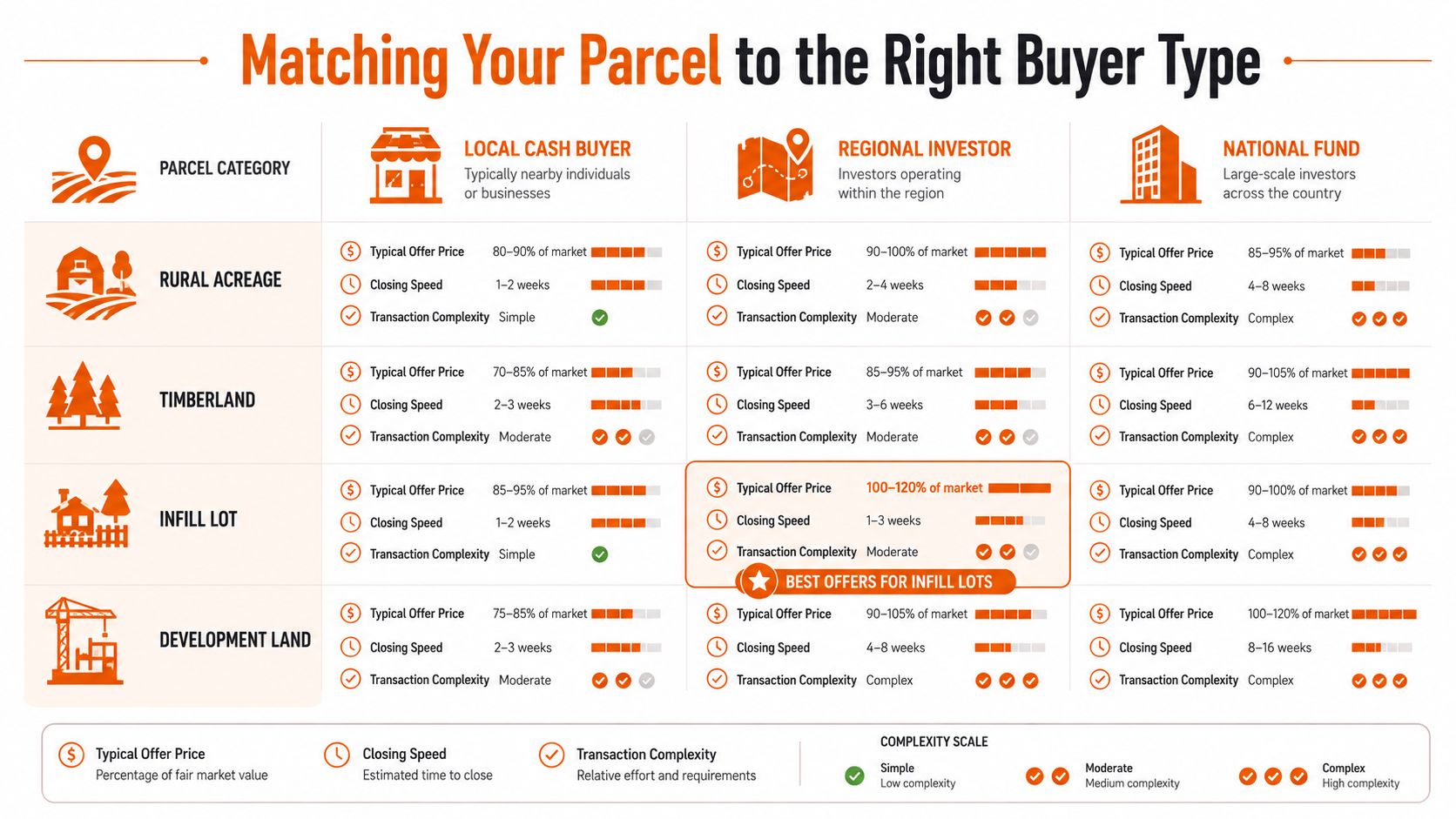 A chart comparing land buyer types: local cash buyers, regional investors, and national funds for different property categories.