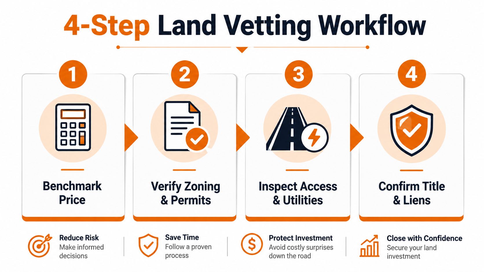 A four-step land vetting workflow infographic illustrating the process of purchasing property safely and efficiently.