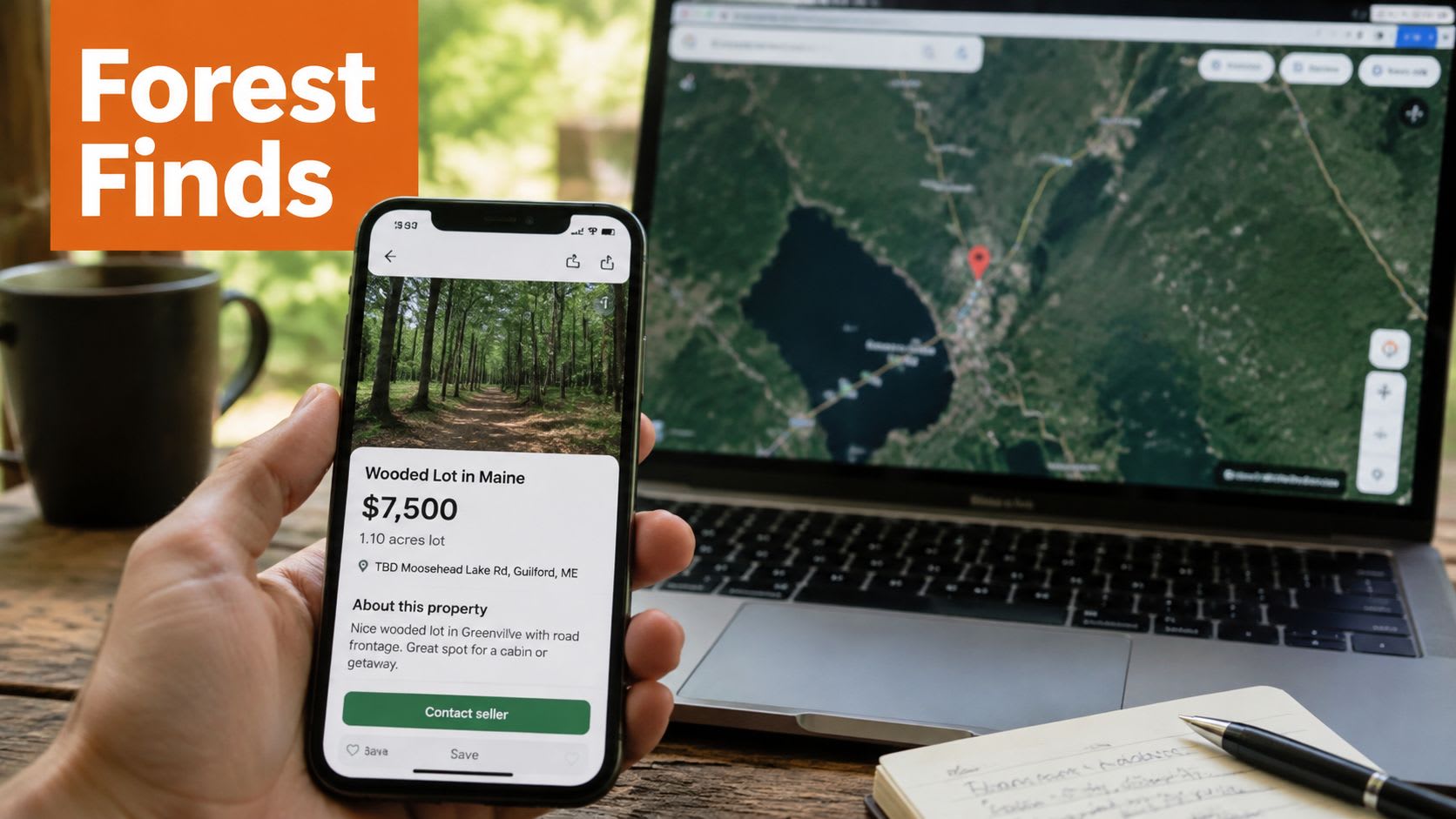 A person holds a smartphone displaying a listing for a wooded land lot in Maine, Maine.