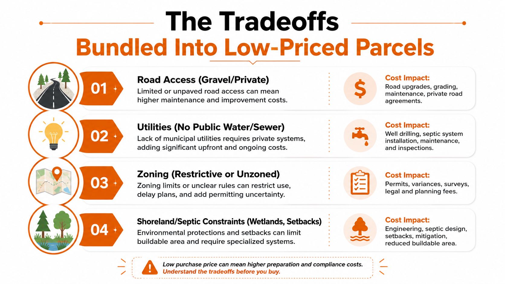 An infographic detailing hidden costs and considerations when purchasing low-priced land, including road access, utilities, and zoning.