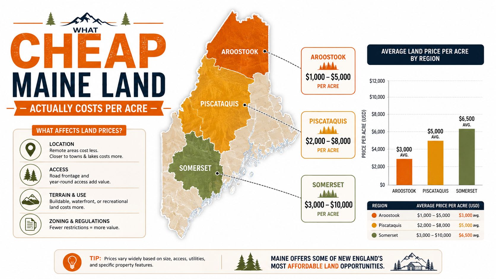 An infographic showing the average price per acre of land in Aroostook, Piscataquis, and Somerset counties, Maine.