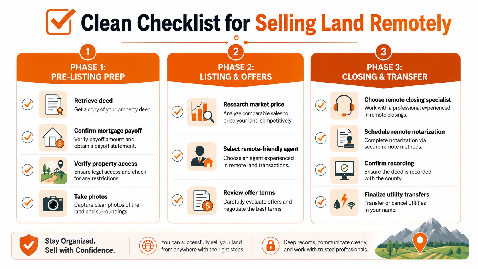 An easy-to-follow three-phase checklist for selling land remotely, from pre-listing preparation to final closing and transfer.