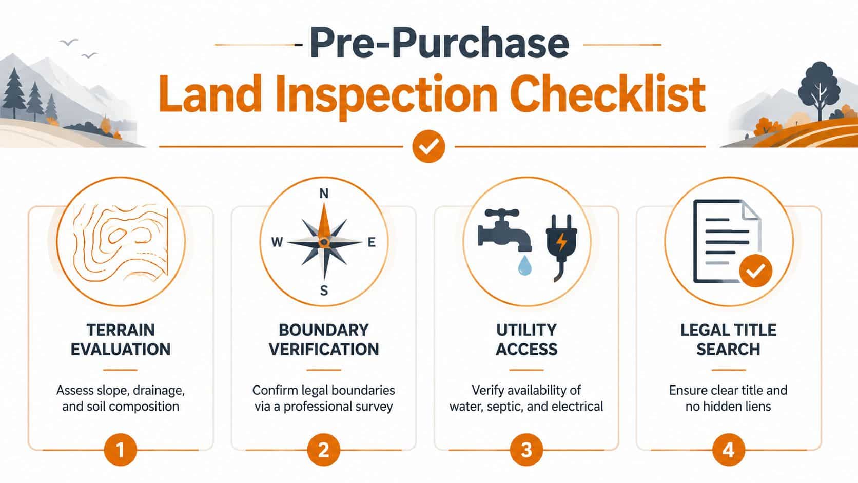 An infographic titled Pre-Purchase Land Inspection Checklist outlining four essential steps for evaluating land before buying.