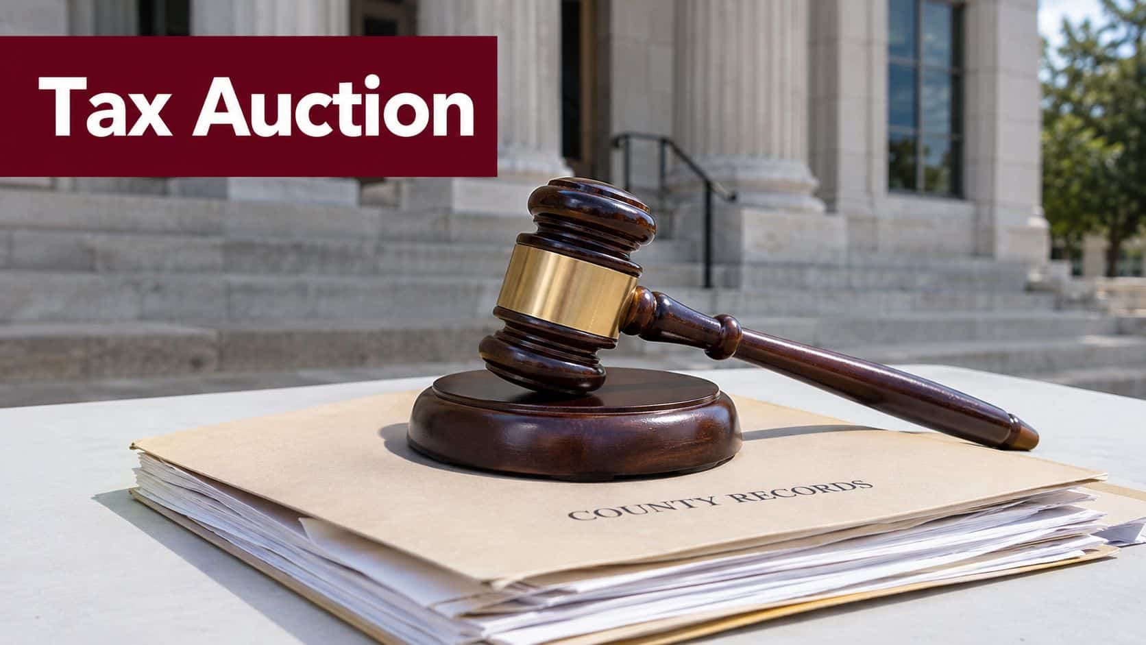 A wooden gavel resting on top of a stack of files labeled County Records for a tax auction.