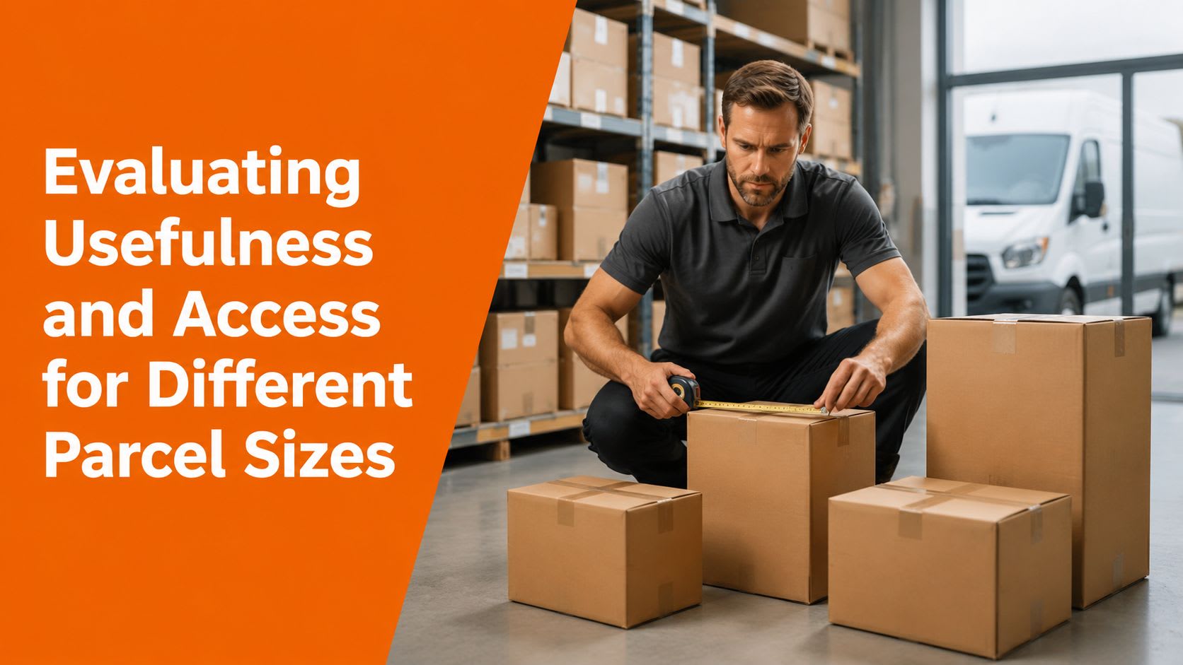 A warehouse worker uses a measuring tape to determine the size of a brown cardboard shipping box.