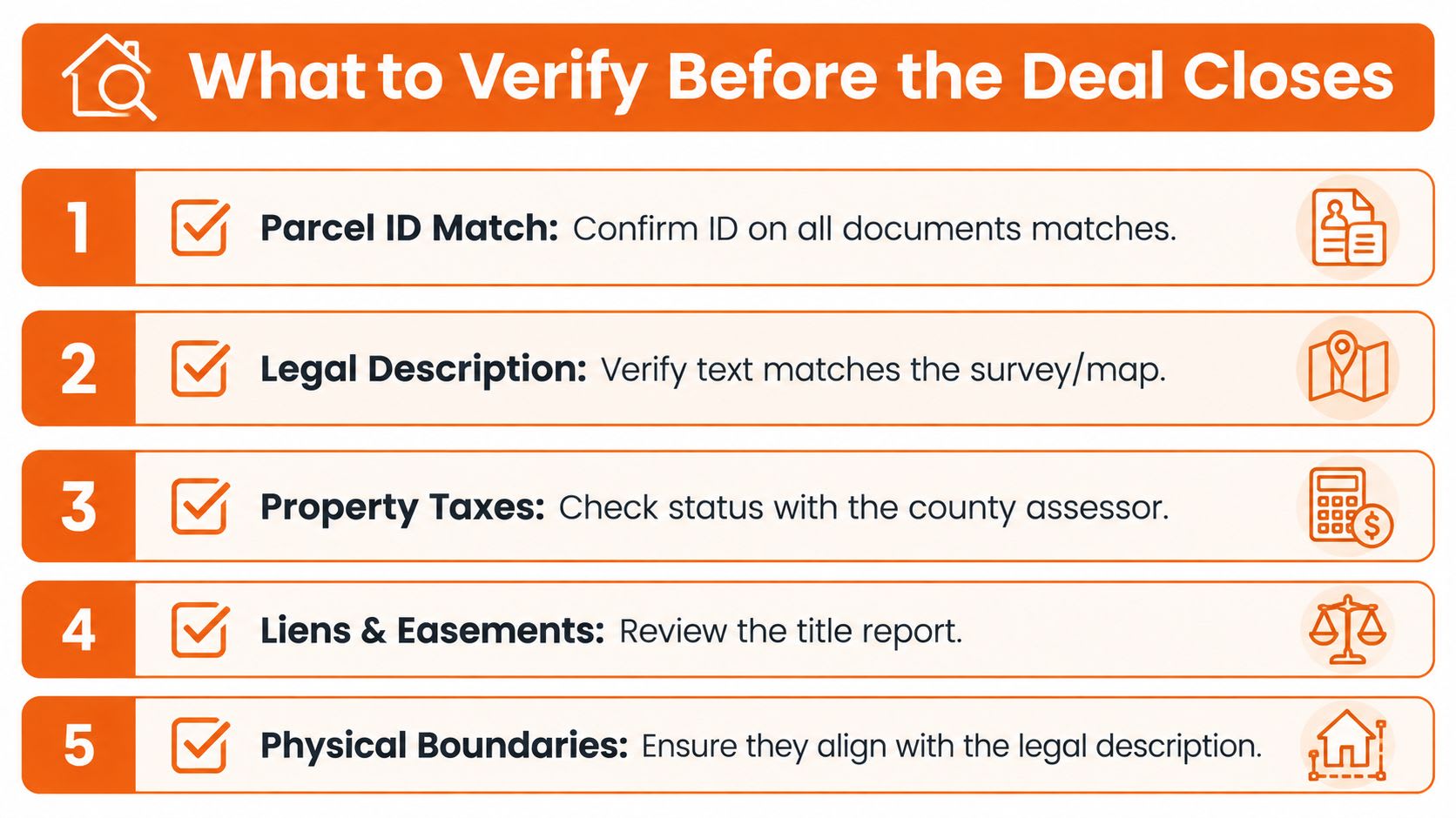 A checklist infographic titled What to Verify Before the Deal Closes listing five essential property verification steps.