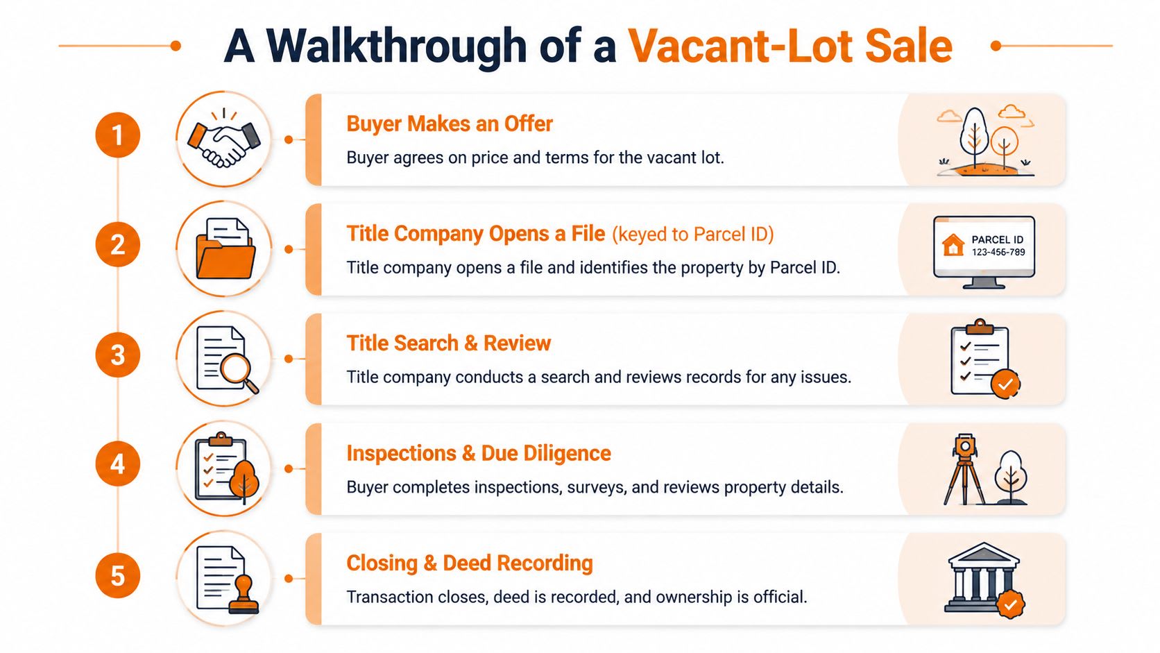 A five-step infographic showing the process of a vacant lot sale from offer to deed recording.