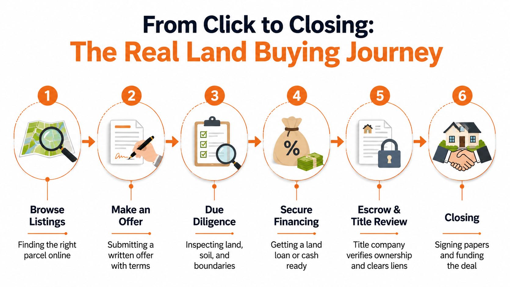 A six-step infographic illustrating the land buying process from online browsing to final closing and ownership.