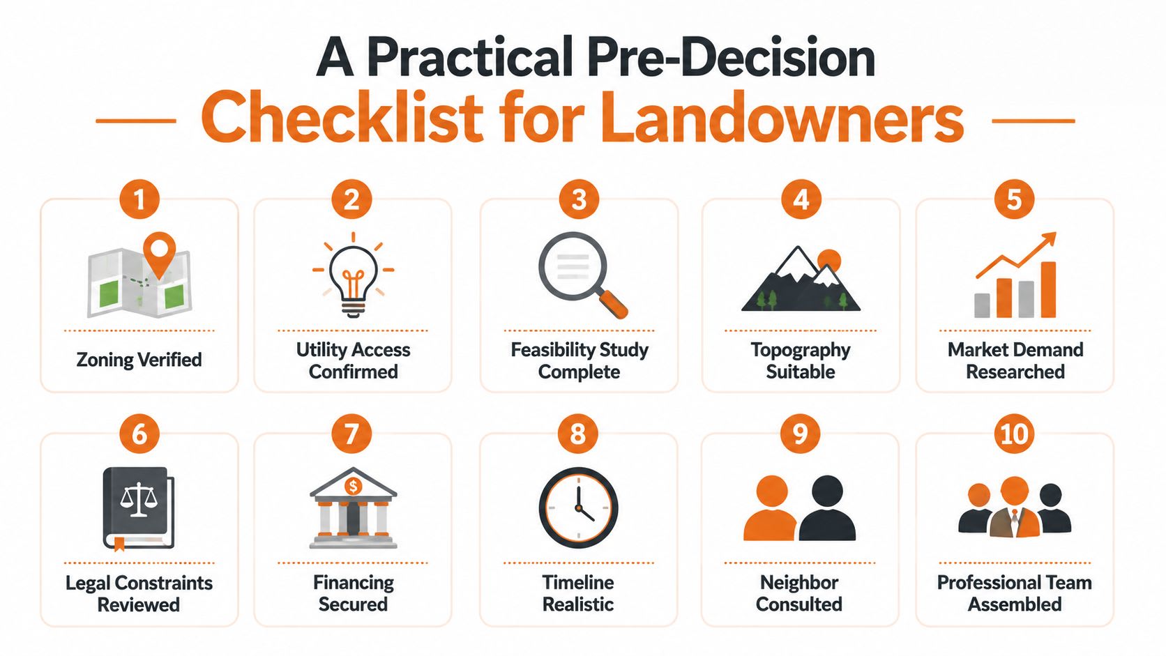 A ten-step practical pre-decision checklist for landowners illustrating key development factors like zoning, financing, and legal considerations.
