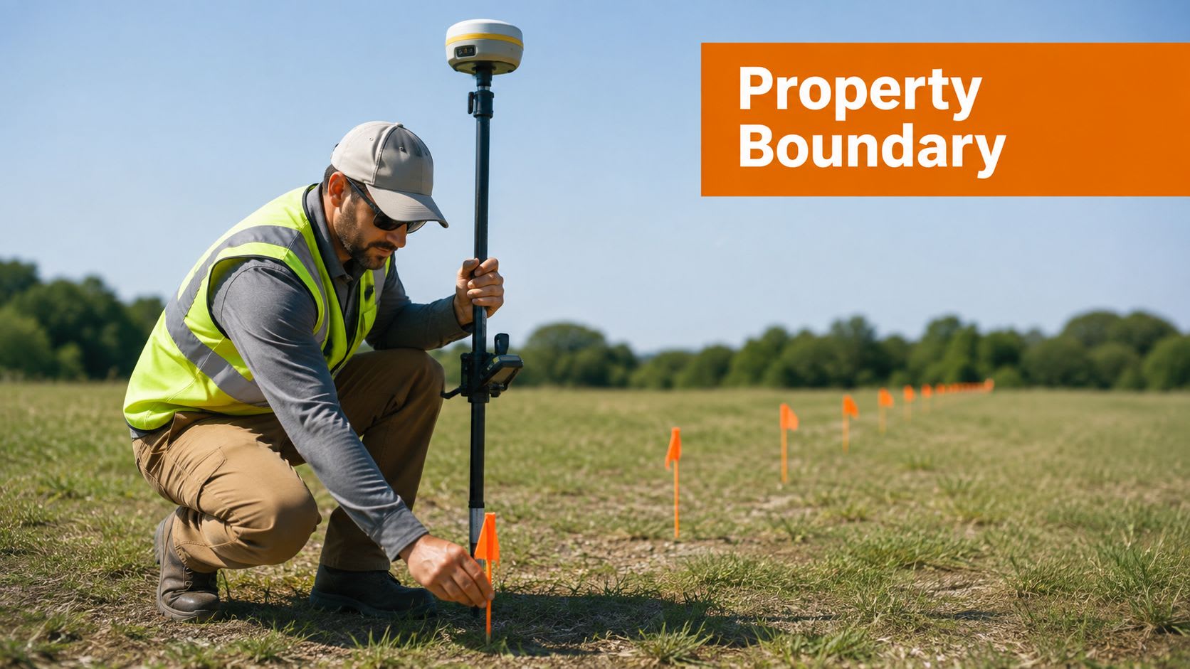 A professional land surveyor uses high-tech surveying equipment to mark a property boundary in a field.
