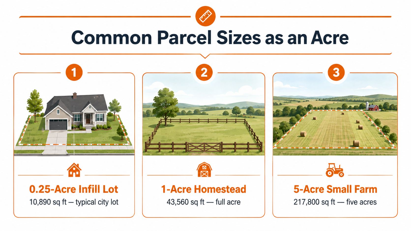 An infographic illustrating three common land parcel sizes: a quarter-acre infill lot, a one-acre homestead, and five-acre small farm.
