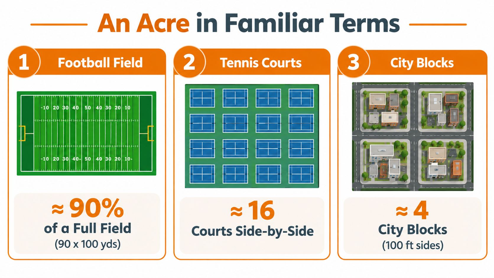 An infographic showing that an acre is approximately equal to a football field, sixteen tennis courts, or four city blocks.