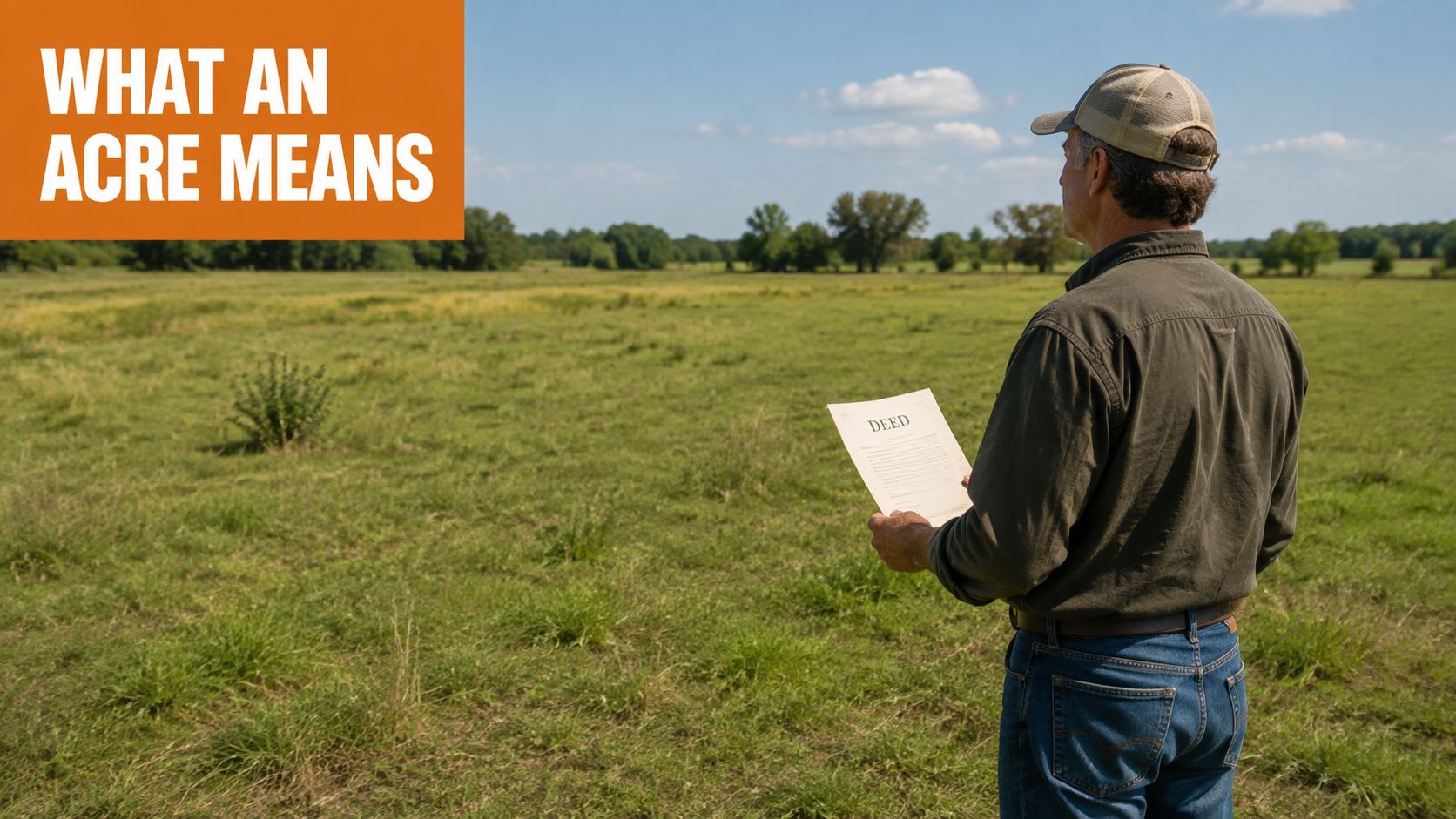 A farmer wearing a cap stands in a large grassy field holding a legal deed document.