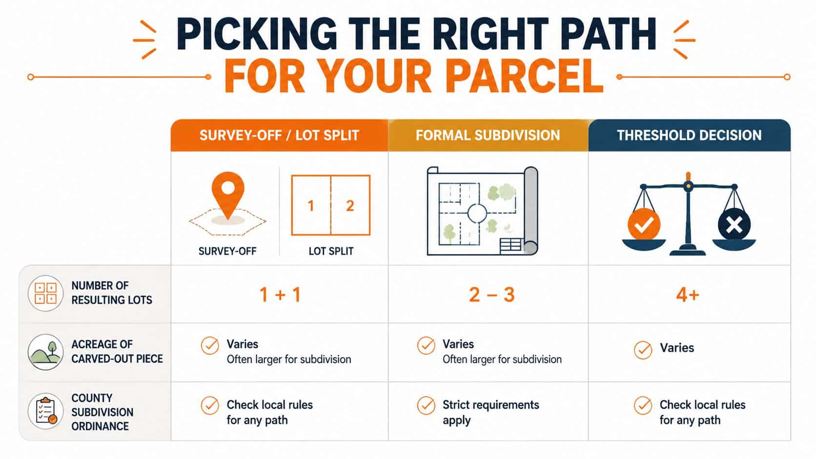 A diagram illustrating the three paths for land parceling: Survey-Off, Lot Split, and Formal Subdivision based on lot count.